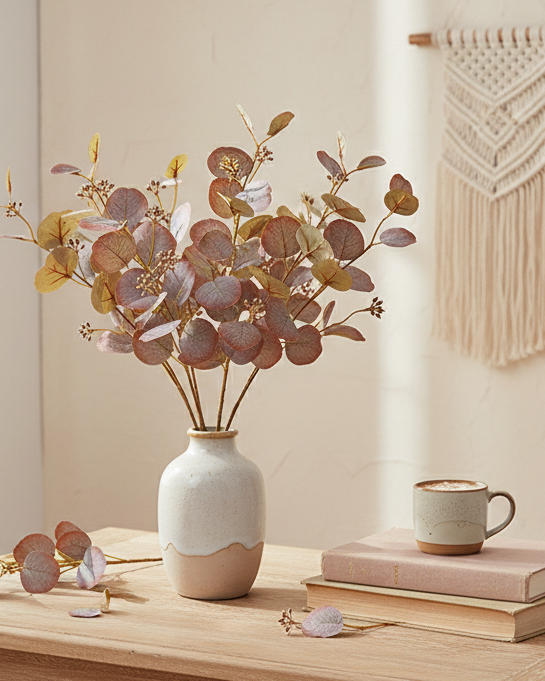 Single autumn coffee colored faux eucalyptus stem for fall decor - Eco Perennial