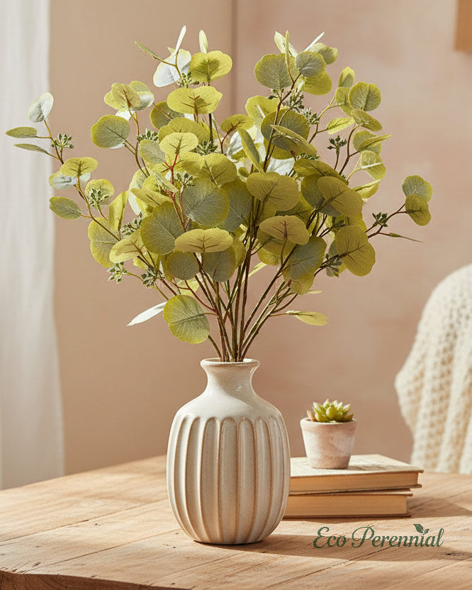 Single sage green faux eucalyptus branch with soft botanical texture - Eco Perennial