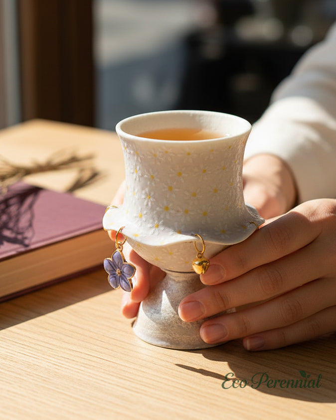 Small lavender ceramic gongfu tea cup held at cozy European cafe — Eco Perennial