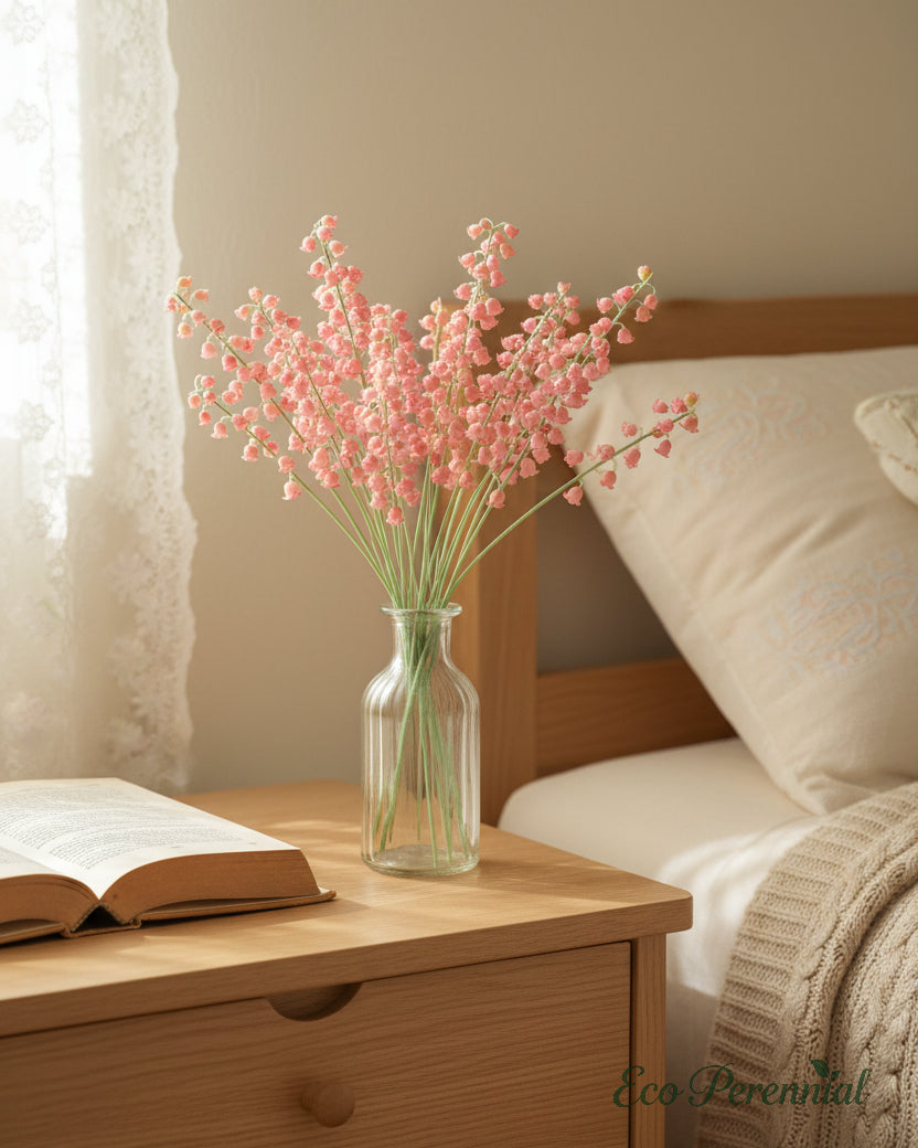 Soft pink faux bell flowers in a fluted glass vase on a bedside nightstand - Eco Perennial