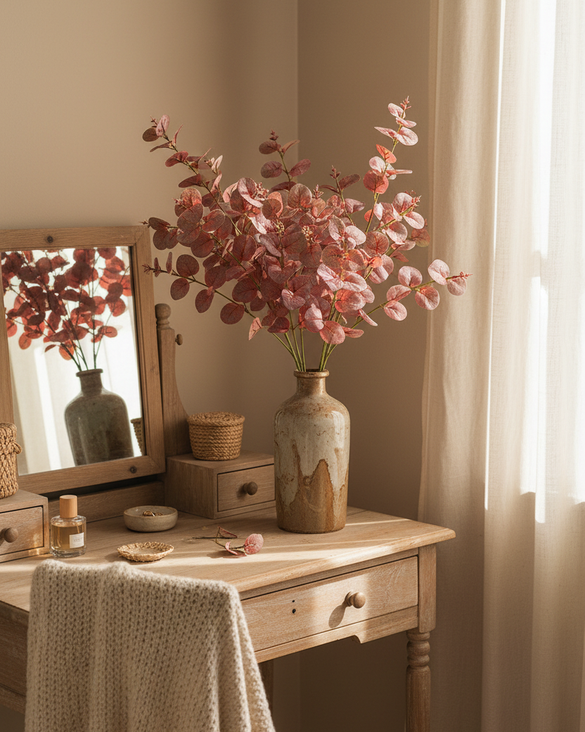 Tall dusty burgundy faux eucalyptus branches on a cozy bedroom vanity table - Eco Perennial