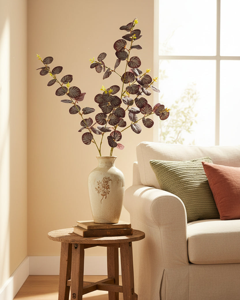Tall rust brown faux eucalyptus stems displayed in an elegant floor vase - Eco Perennial