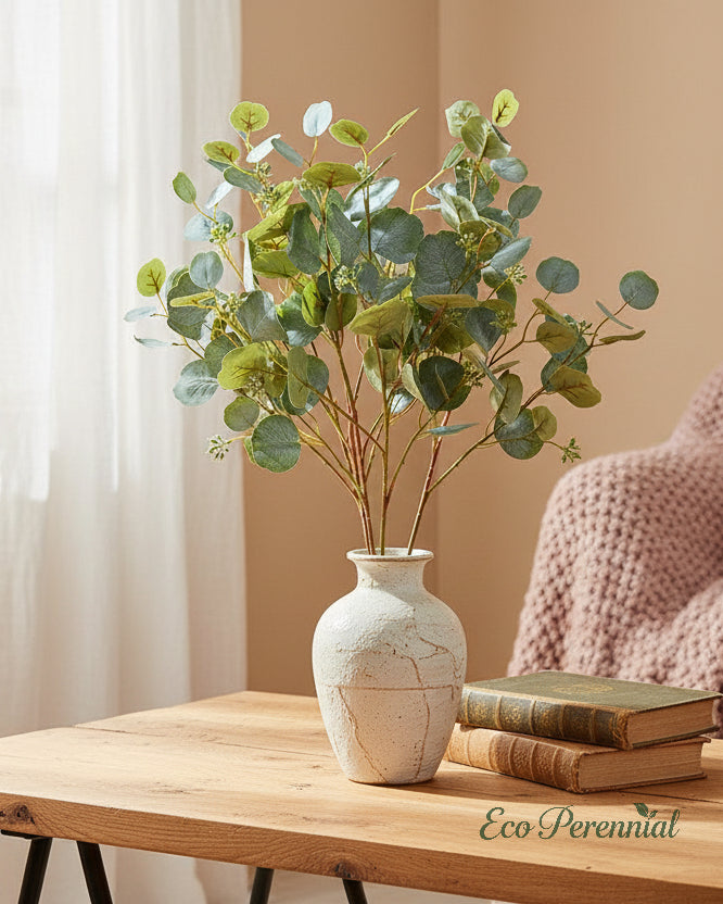 Two sage green faux seeded eucalyptus stems laid flat - Eco Perennial