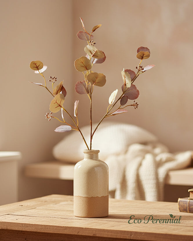 Two warm autumn coffee colored faux eucalyptus branches - Eco Perennial
