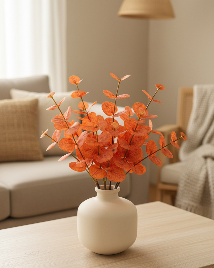 Vibrant orange artificial eucalyptus styling a modern coffee table - Eco Perennial