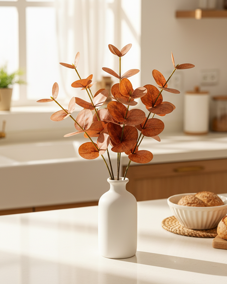 Warm brown faux eucalyptus branches decorating a kitchen island - Eco Perennial