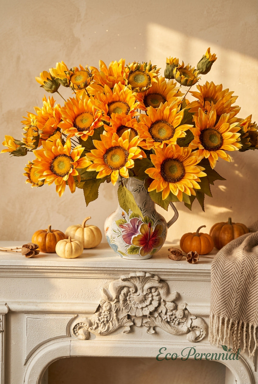 "The Golden Hour" | 13-Head Real Touch Sunflower Bunch - Faux Sunflower Stem | Artificial Floral Arrangement | Eco Perennial