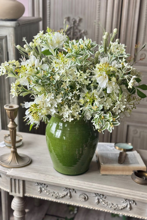 Artisan mixed silk floral bouquet featuring a colorful variety of realistic faux wildflowers in a decorative vase by Eco Perennial.