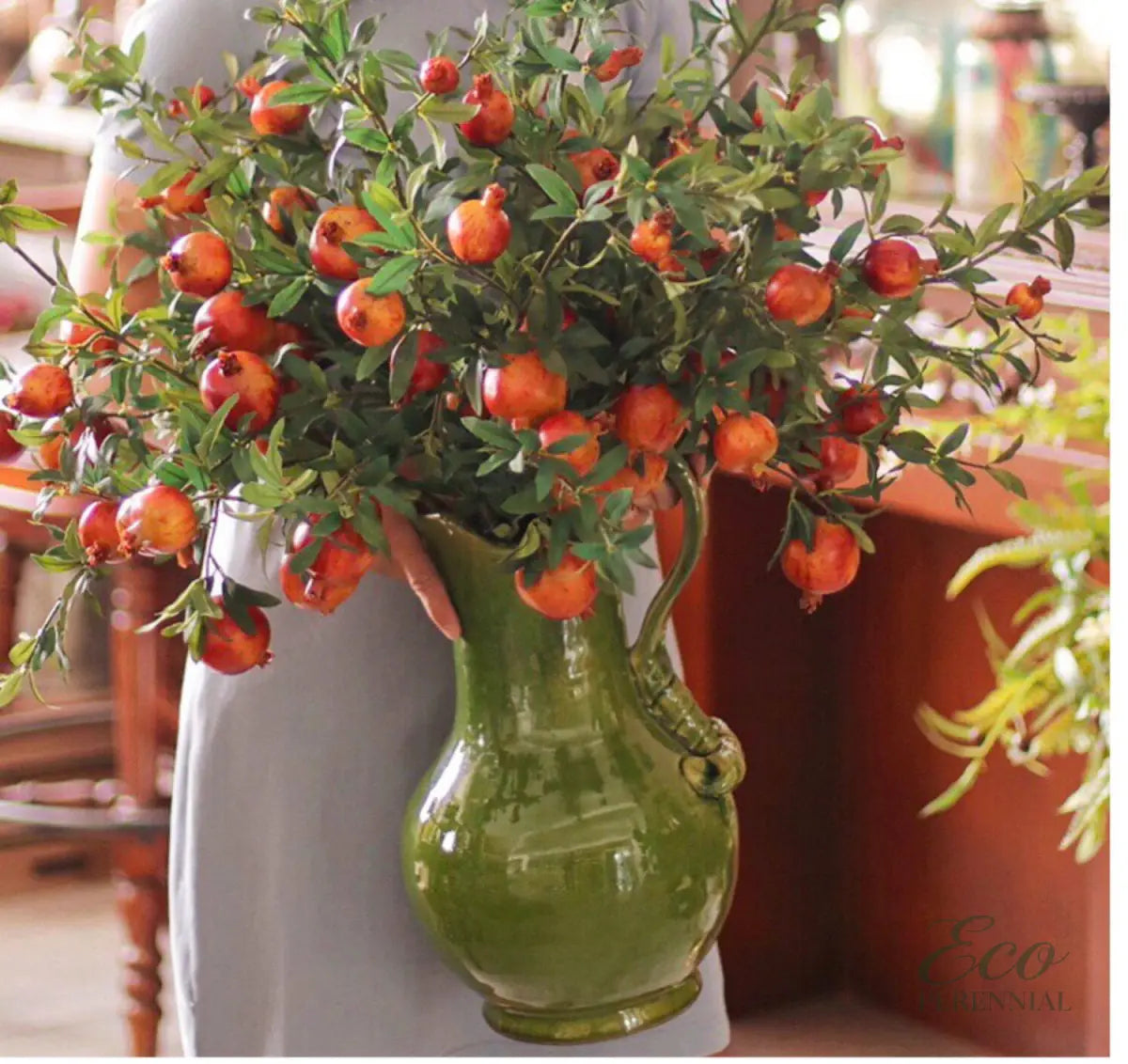 "Autumn Harvest" Realistic Faux Pomegranate Branch | Premium Statement Stem | Realistic Faux Silk Flowers for Home Decor - Eco Perennial