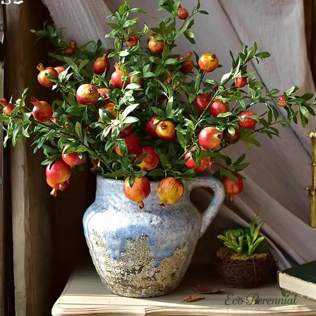 "Autumn Harvest" Realistic Faux Pomegranate Branch | Premium Statement Stem | Realistic Faux Silk Flowers for Home Decor - Eco Perennial