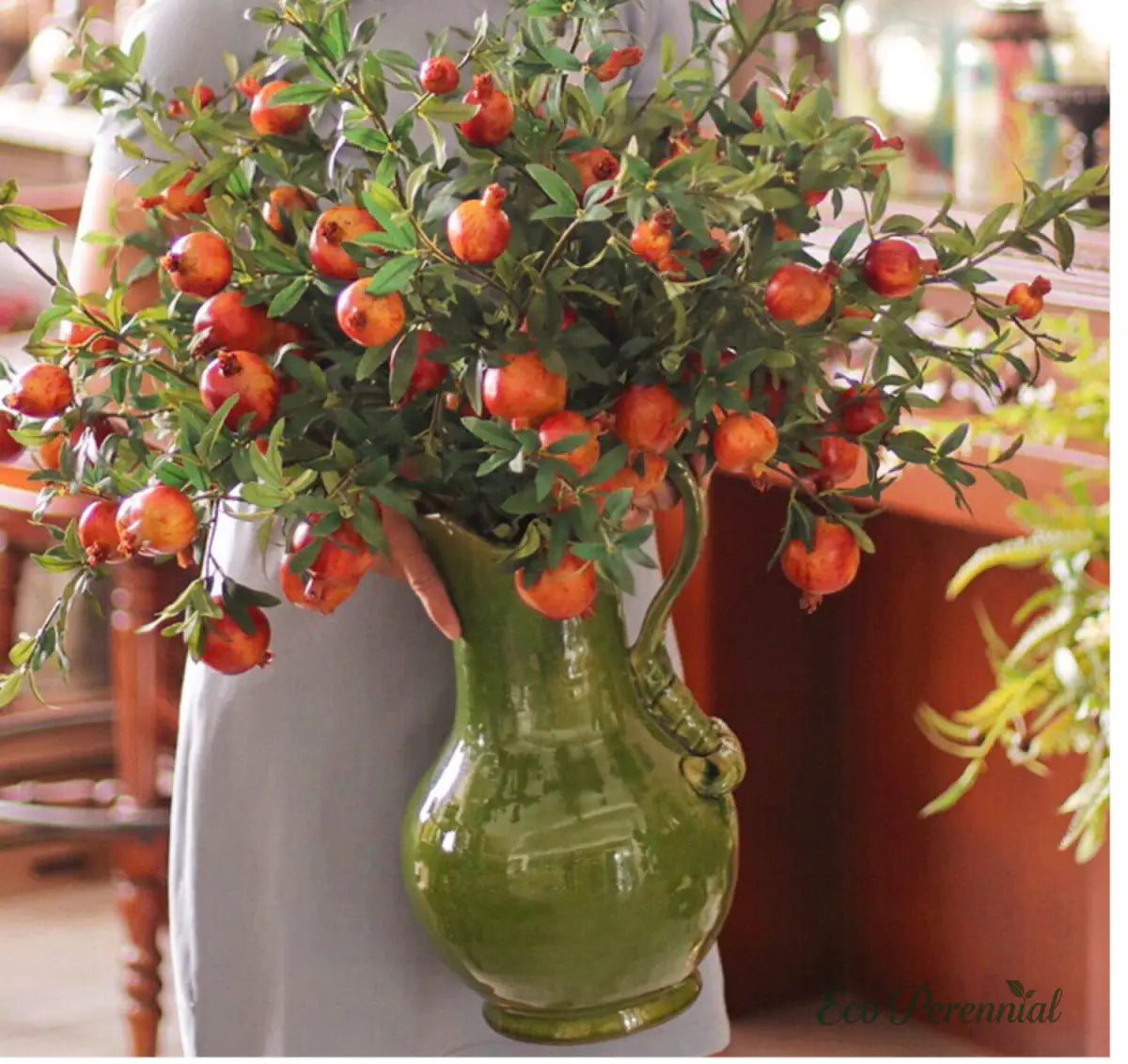 "Autumn Harvest" Realistic Faux Pomegranate Branch | Premium Statement Stem | Realistic Faux Silk Flowers for Home Decor - Eco Perennial