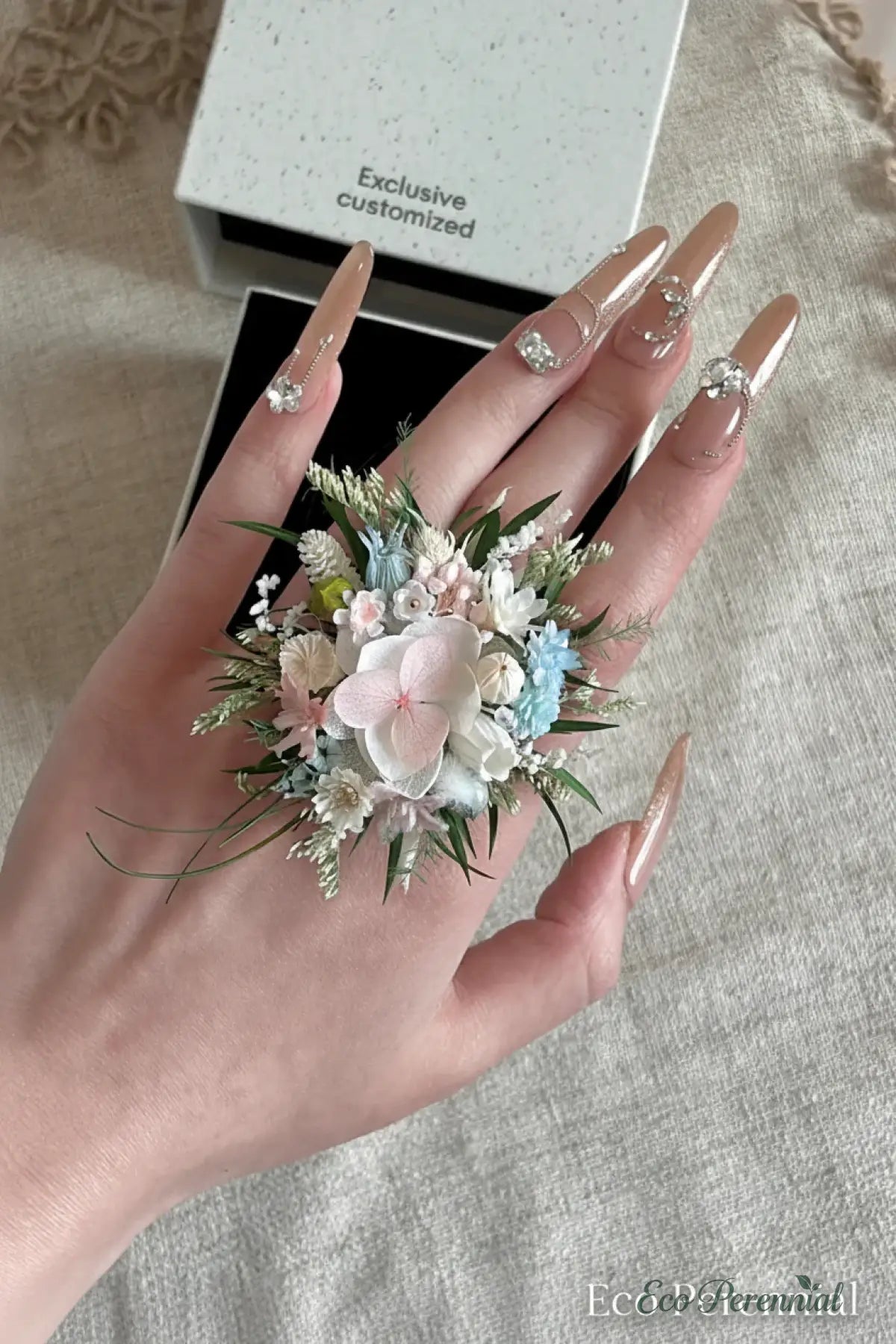 Blush Blue Meadow Preserved Flower Ring – Handcrafted Bridal Floral Jewelry | Realistic Faux Silk Flowers for Home Decor - Eco Perennial