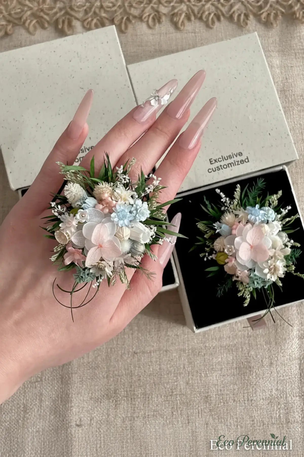 Blush Blue Meadow Preserved Flower Ring – Handcrafted Bridal Floral Jewelry | Realistic Faux Silk Flowers for Home Decor - Eco Perennial