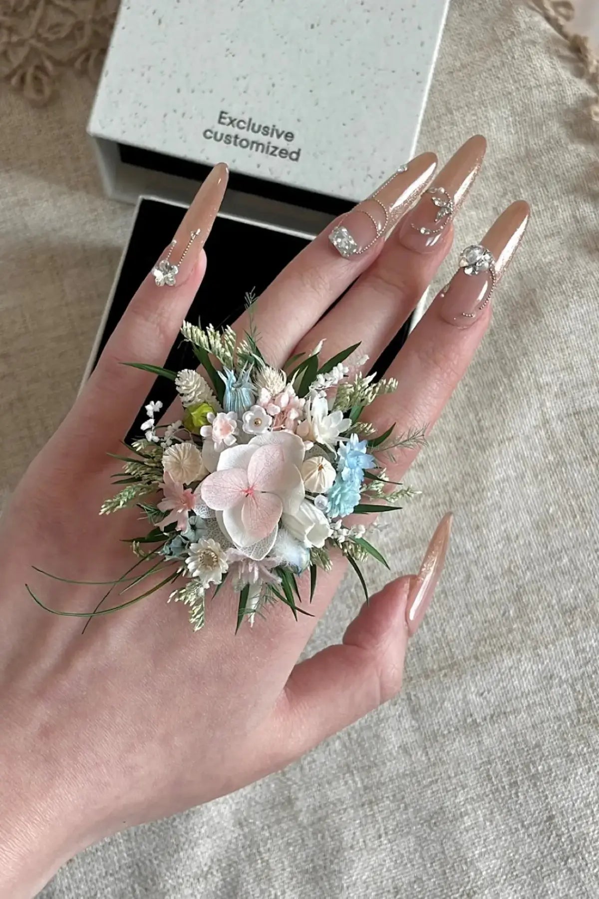 Blush Blue Meadow Preserved Flower Ring – Handcrafted Bridal Floral Jewelry Pink Blue Green | Realistic Faux Silk Flowers for Home Decor - Eco Perennial