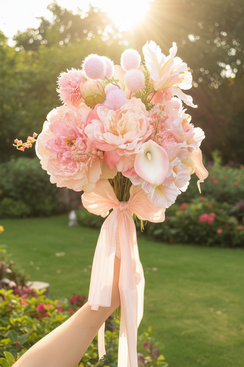 Blush Garden Faux Flower Bouquet | Pink Peony, Calla Lily & Iris | Eco Perennial | Artificial Flower Bouquet | Eco Perennial