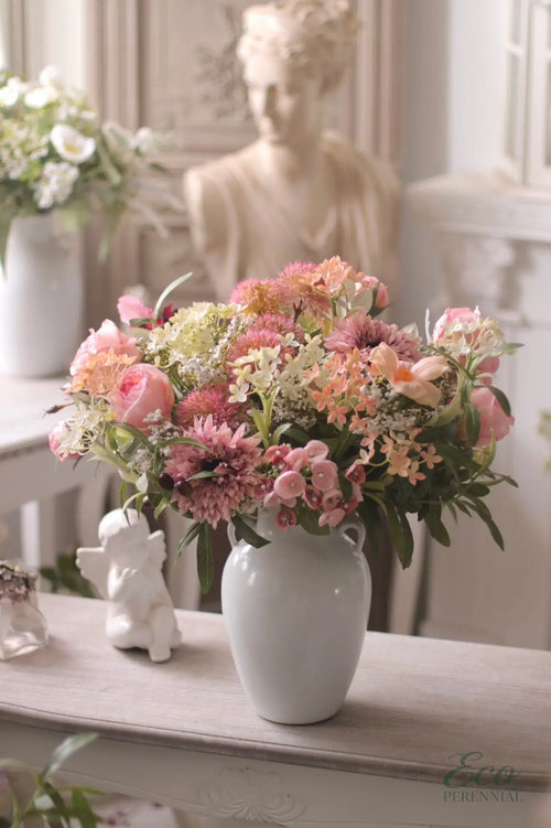 "Blushing Meadow" | Romantic Pink Hand-Tied Silk Bouquet | Realistic Faux Silk Flowers for Home Decor - Eco Perennial