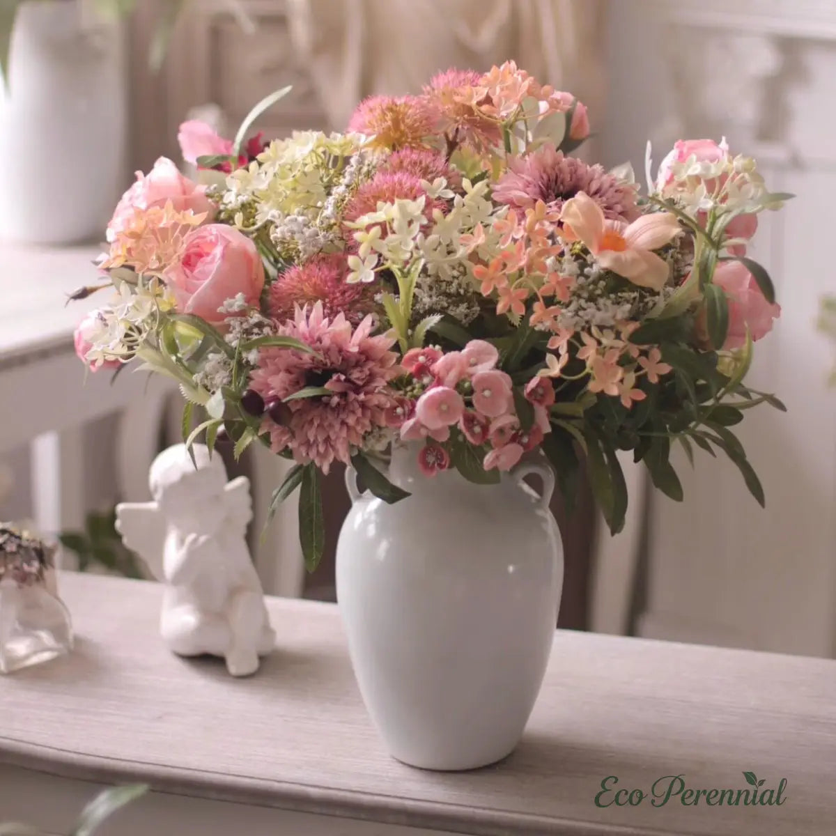 "Blushing Meadow" | Romantic Pink Hand-Tied Silk Bouquet | Realistic Faux Silk Flowers for Home Decor - Eco Perennial