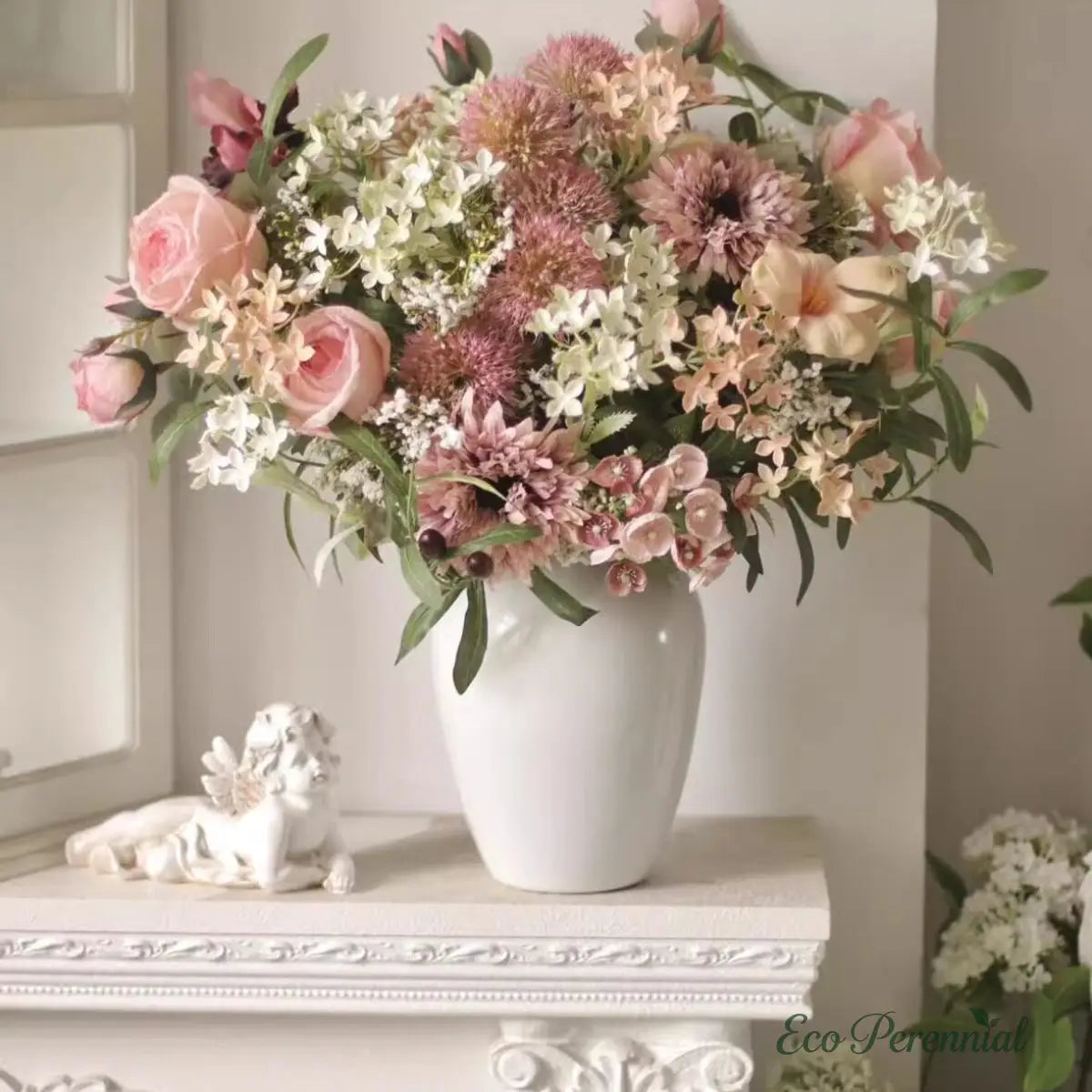 "Blushing Meadow" | Romantic Pink Hand-Tied Silk Bouquet | Realistic Faux Silk Flowers for Home Decor - Eco Perennial