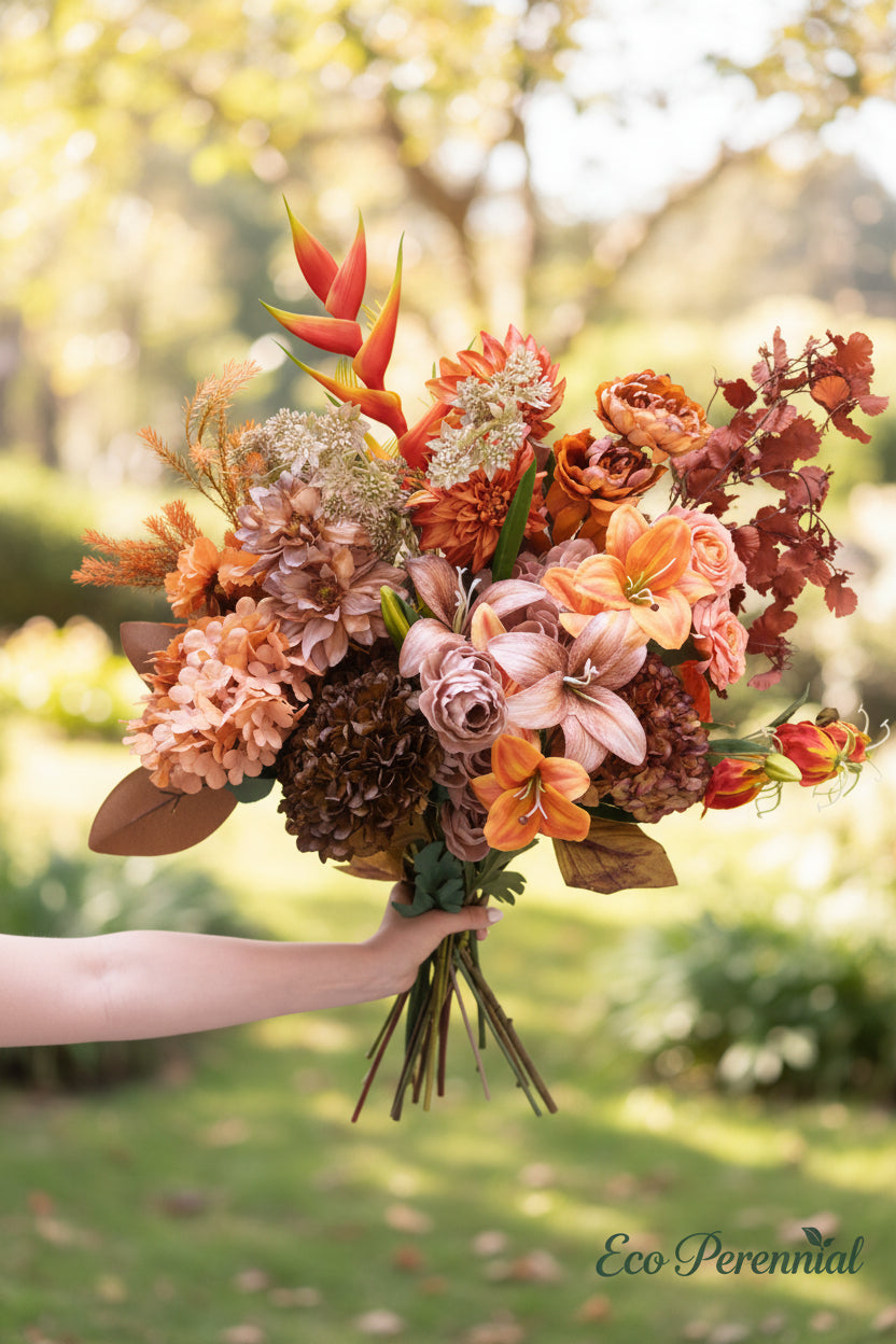 California Sunset Faux Flower Bouquet | Burnt Orange, Terracotta & Caramel | Eco Perennial | Artificial Flower Bouquet | Eco Perennial