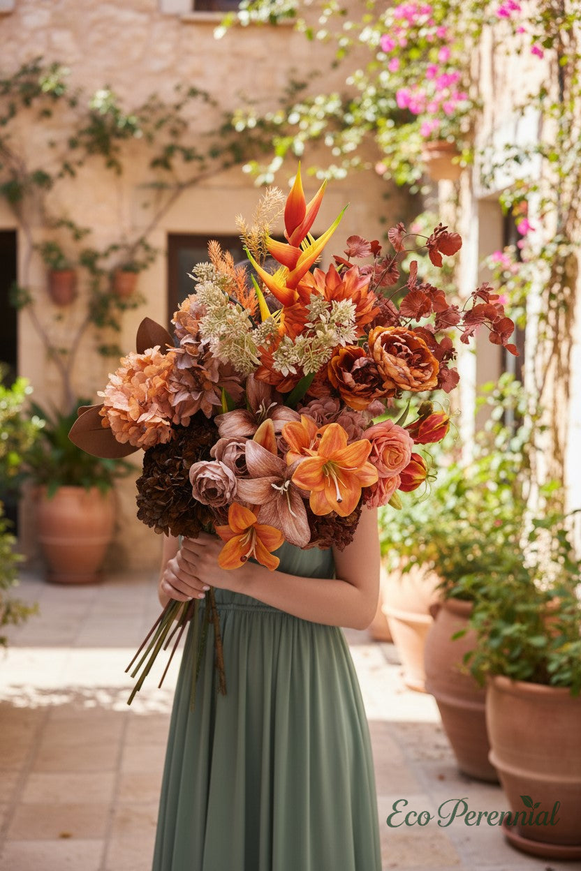 California Sunset Faux Flower Bouquet | Burnt Orange, Terracotta & Caramel | Eco Perennial | Artificial Flower Bouquet | Eco Perennial
