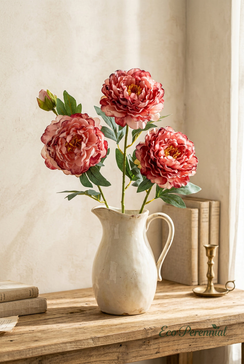 French Burnt Edge Peony Stem | Realistic Faux Silk Peony Flower | Artificial Flower Stem | Eco Perennial