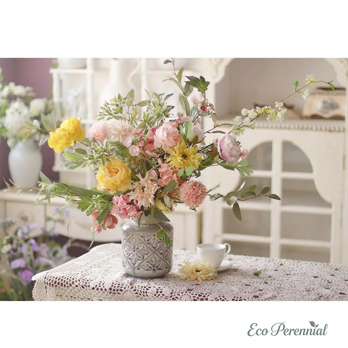 "Creamy Romance" | Elegant French Hand-Tied Bouquet | Realistic Faux Silk Flowers for Home Decor - Eco Perennial
