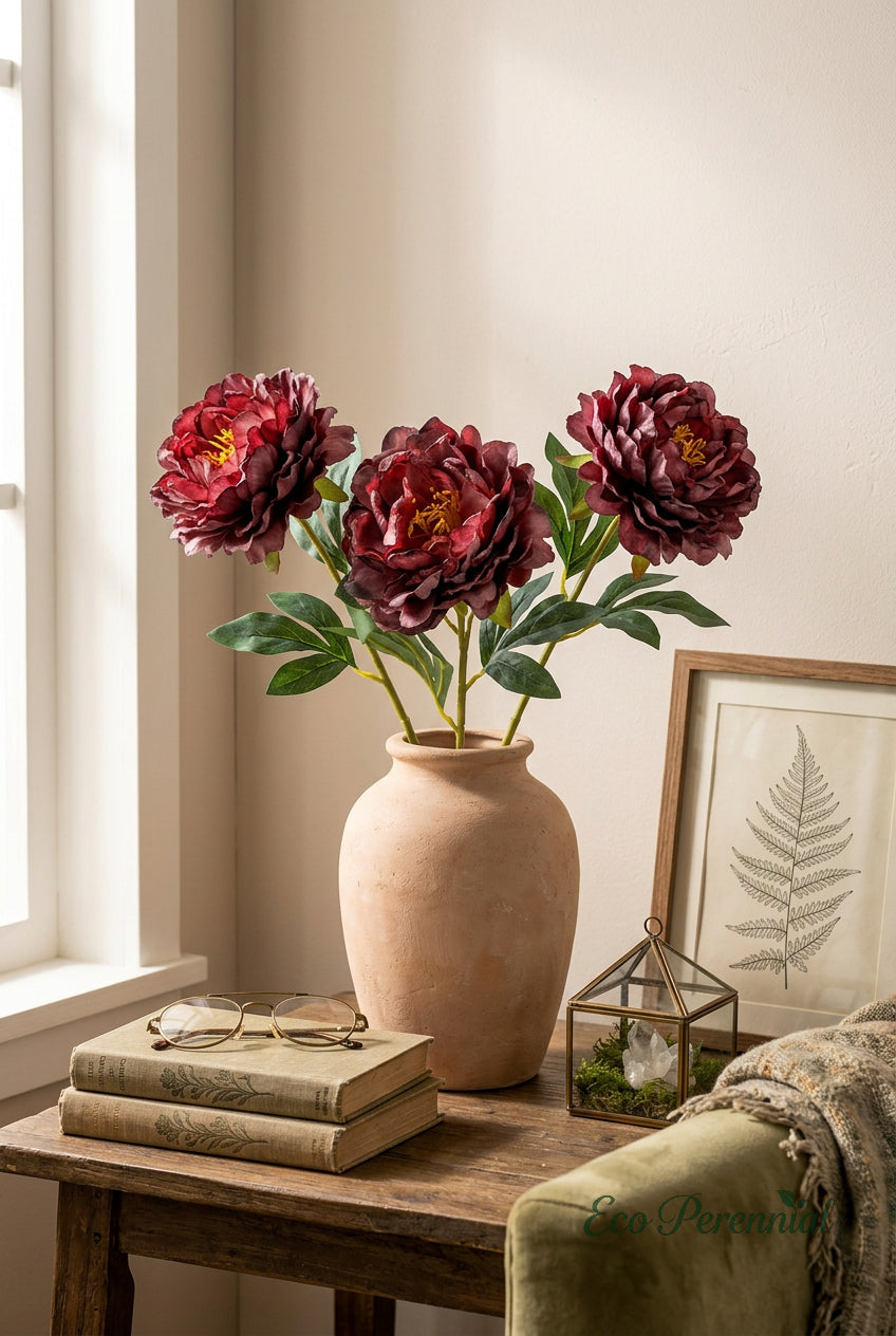 French Burnt Edge Peony Stem | Realistic Faux Silk Peony Flower | Artificial Flower Stem | Eco Perennial