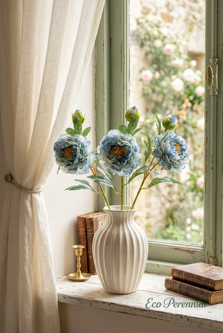 French Burnt Edge Peony Stem | Realistic Faux Silk Peony Flower | Artificial Flower Stem | Eco Perennial