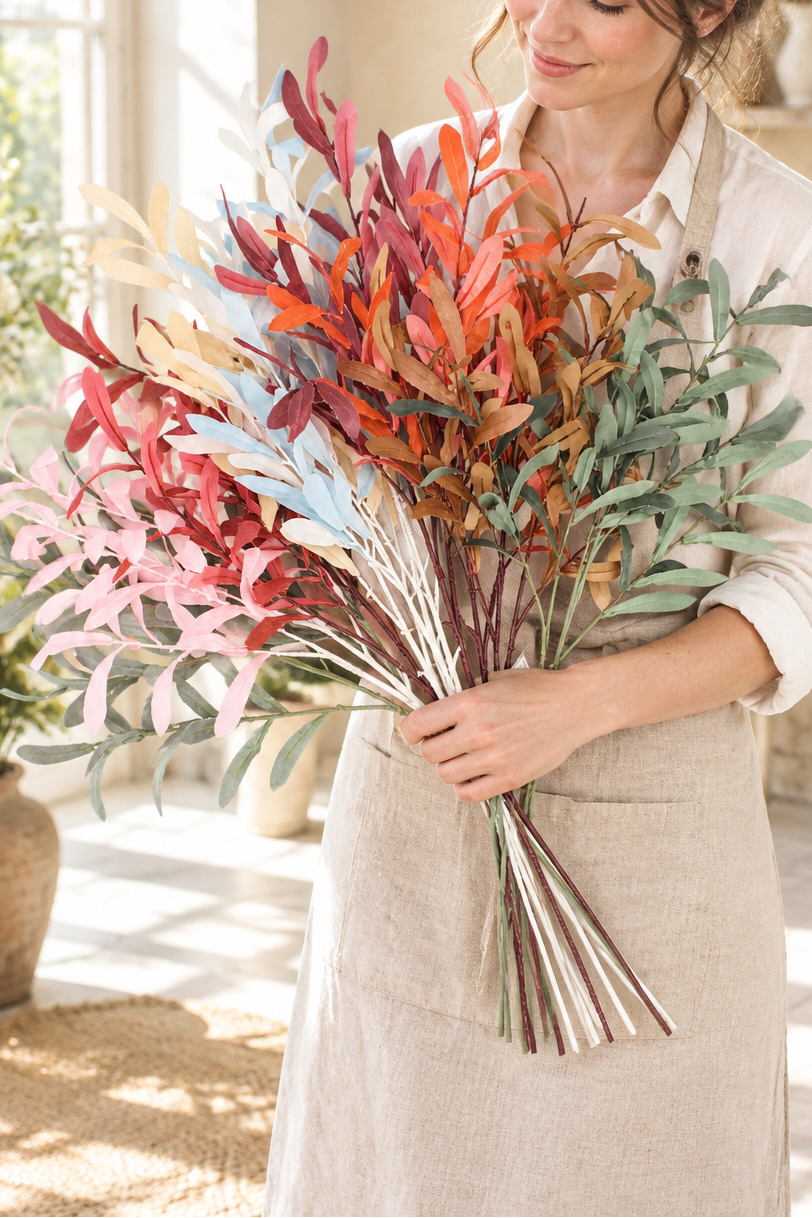 Colorful Faux Olive Branches | 37.5" 6-Fork Stems in 10 Colors | Artificial Greenery | Eco Perennial