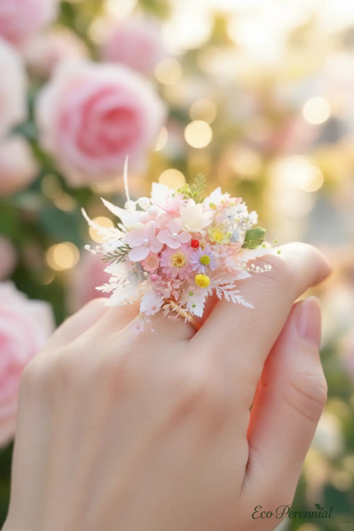 Feather & Pearl Preserved Flower Ring – Handcrafted Eternal Floral Jewelry | Realistic Faux Silk Flowers for Home Decor - Eco Perennial