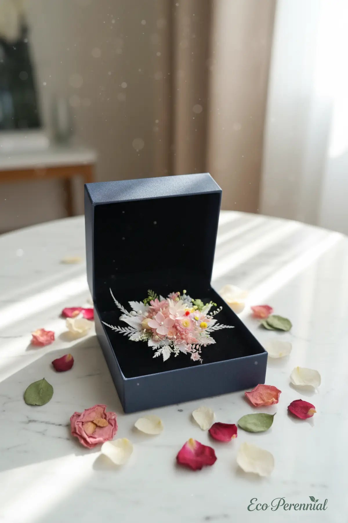 Feather & Pearl Preserved Flower Ring – Handcrafted Eternal Floral Jewelry | Realistic Faux Silk Flowers for Home Decor - Eco Perennial