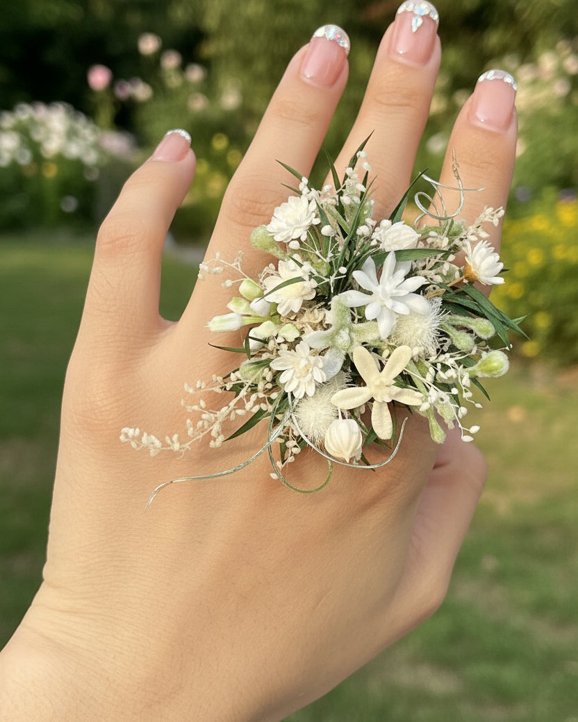 White Garden Flower Ring | Handcrafted Real Floral Statement Ring | Eco Perennial