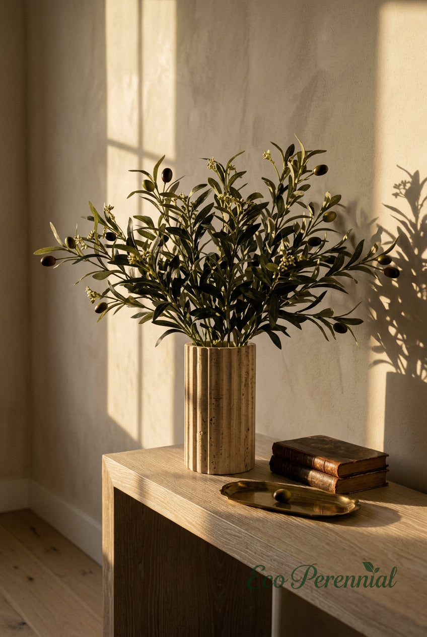 15.7"–18.5" Flowering Faux Olive Branches with White Blossoms | Artificial Greenery | Eco Perennial