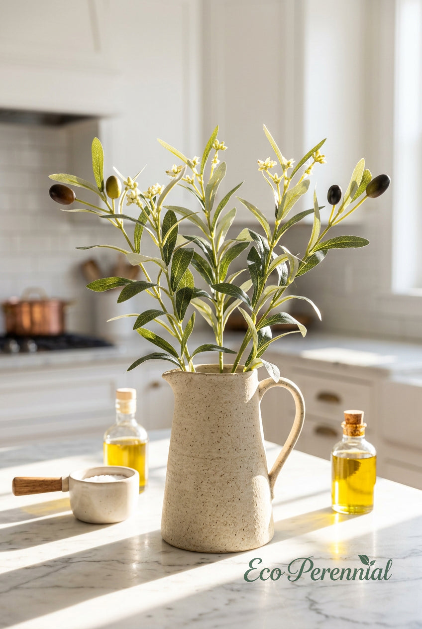 15.7"–18.5" Flowering Faux Olive Branches with White Blossoms | Artificial Greenery | Eco Perennial