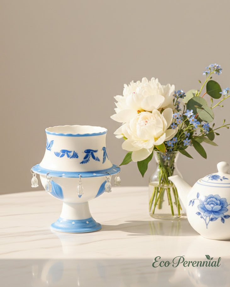 Handcrafted rotating ceramic teacup with blue bird animation — spin to see birds fly, Eco Perennial