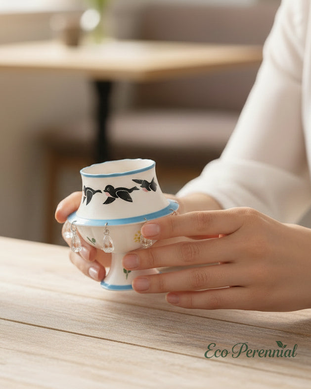 Spinning Bird Ceramic Cup Decor | Handcrafted Rotating Teacup | Eco Perennial