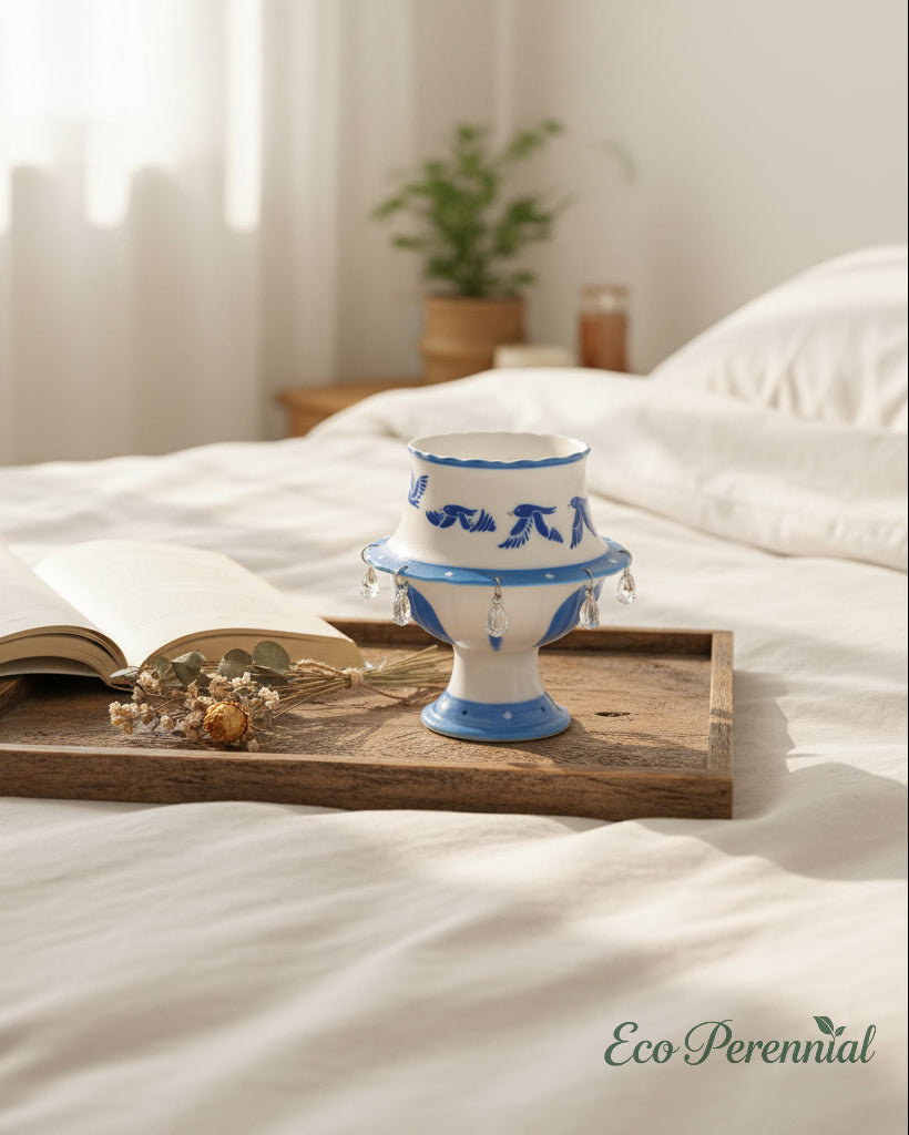 Handcrafted blue and white ceramic spinning cup — food-grade safe, 6.1 fl oz capacity
