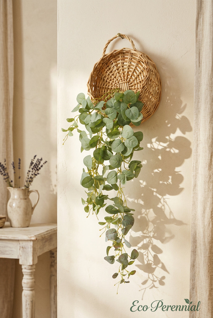 30" Trailing Coin Leaf Eucalyptus Vines | Hanging Faux Greenery Stems | Artificial Greenery | Eco Perennial
