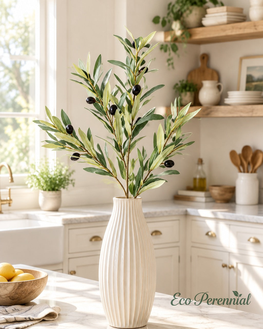 Flocked Faux Olive Branches with Fruit | 35" & 37.5" | Artificial Greenery | Eco Perennial