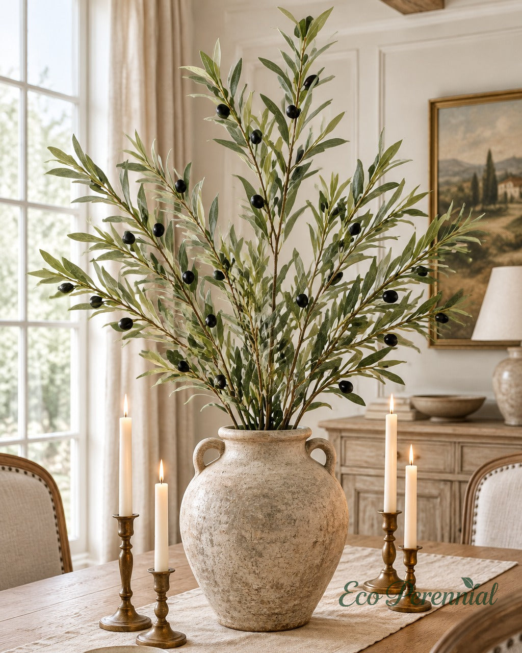 Flocked Faux Olive Branches with Fruit | 35" & 37.5" | Artificial Greenery | Eco Perennial