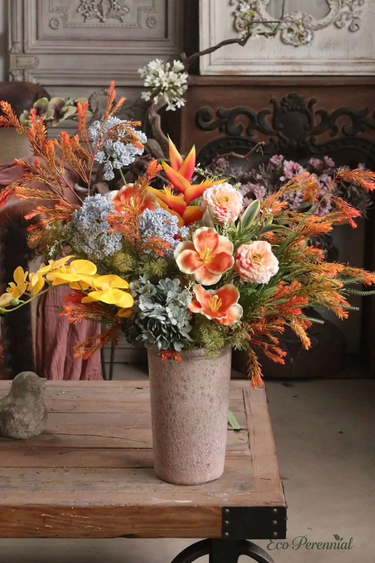 "Golden Embers" Artistic Faux Bouquet | Large Statement Arrangement | Realistic Faux Silk Flowers for Home Decor - Eco Perennial