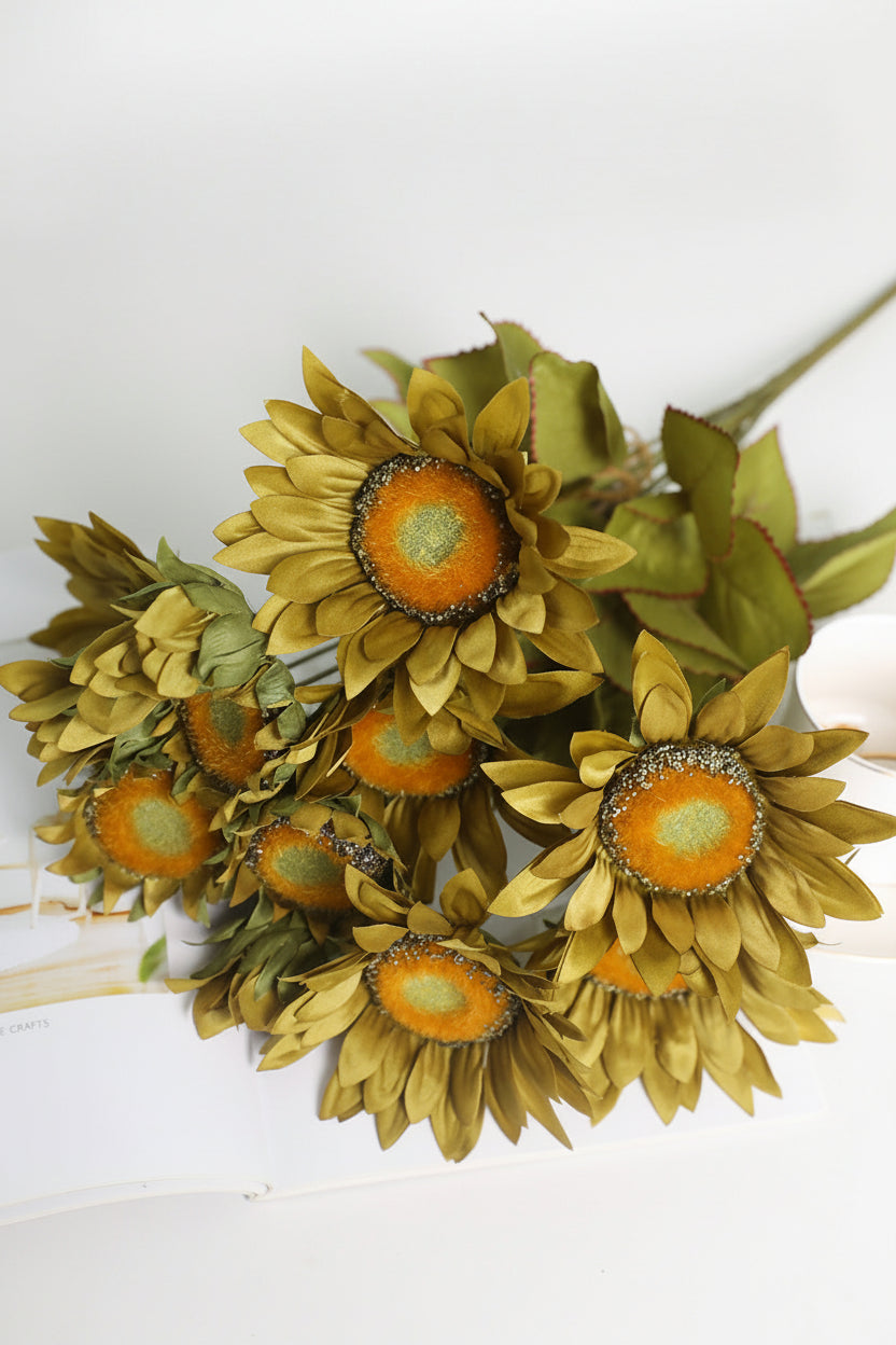 "The Golden Hour" | 13-Head Real Touch Sunflower Bunch - Faux Sunflower Stem | Artificial Floral Arrangement | Eco Perennial