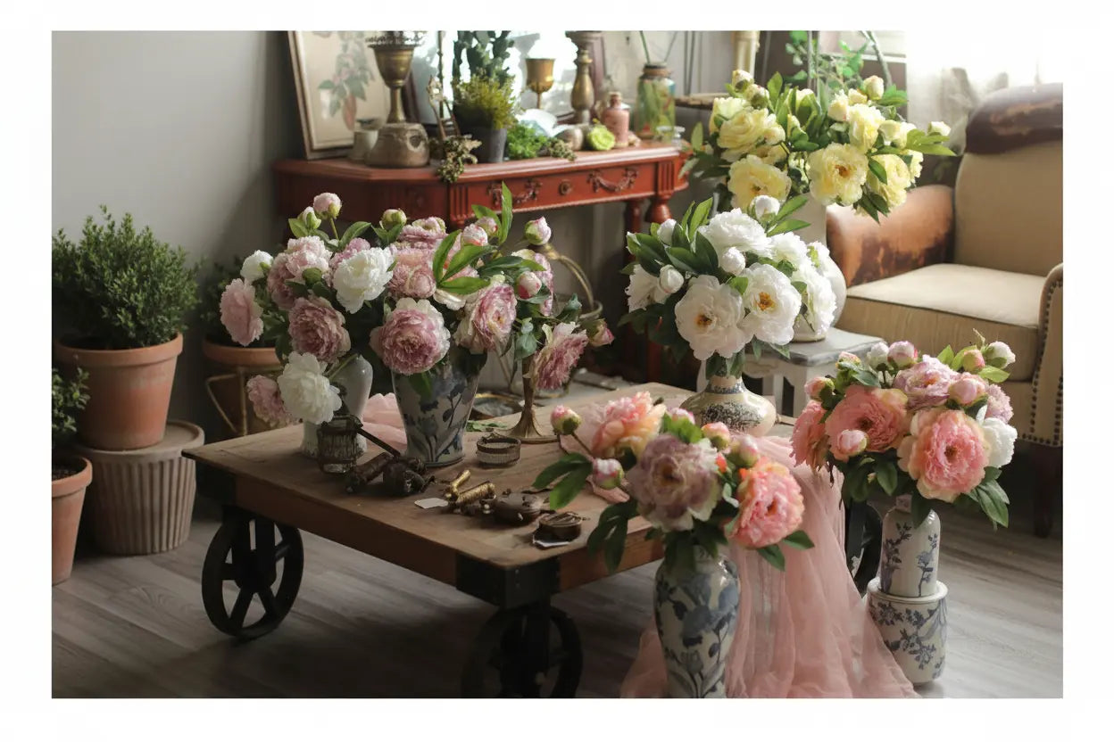 Floral arrangements on a wooden table in a room with decorative items.