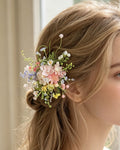 Handcrafted Preserved Flower Hair Clip | Pearl Garden Bouquet - Eco Perennial Pink Yellow Green | Hair Accessories | Eco Perennial