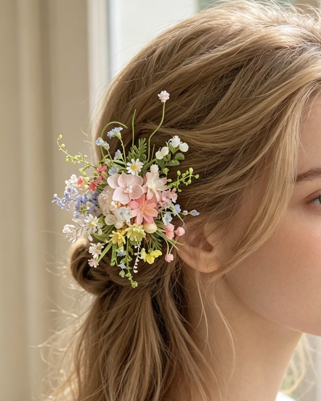 Handcrafted Preserved Flower Hair Clip | Pearl Garden Bouquet - Eco Perennial Pink Yellow Green | Hair Accessories | Eco Perennial