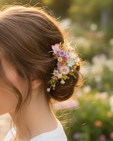 Handcrafted Preserved Flower Hair Fork | Spring Wildflower - Eco Perennial Pink Yellow Green | Hair Accessories | Eco Perennial