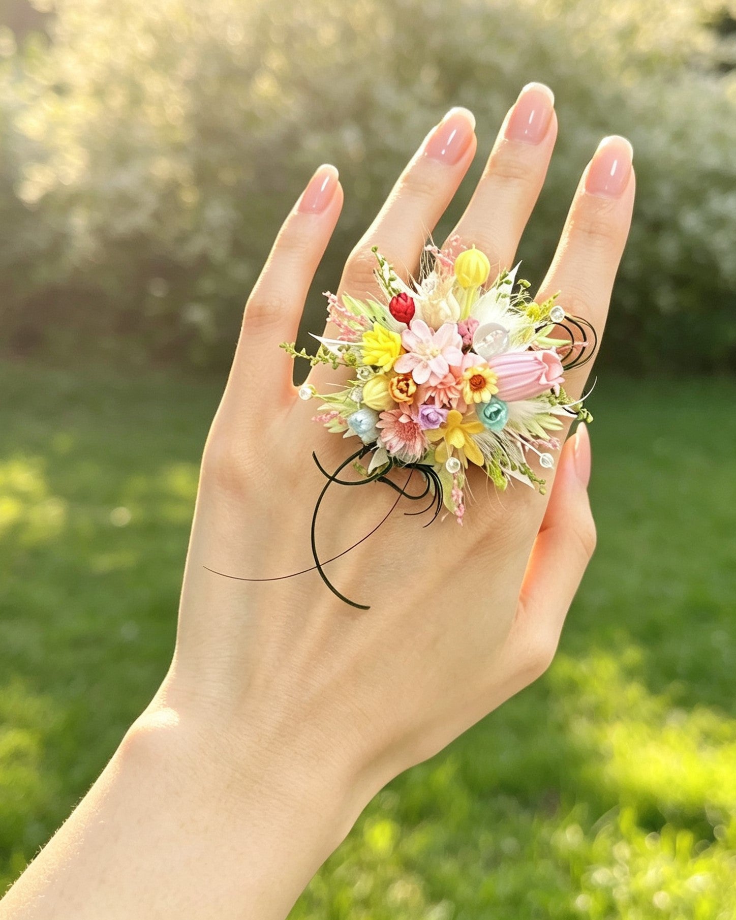 Handcrafted Preserved Flower Ring | Enchanted Bloom Collection - Eco Perennial Pink Yellow Green | Jewelry | Eco Perennial