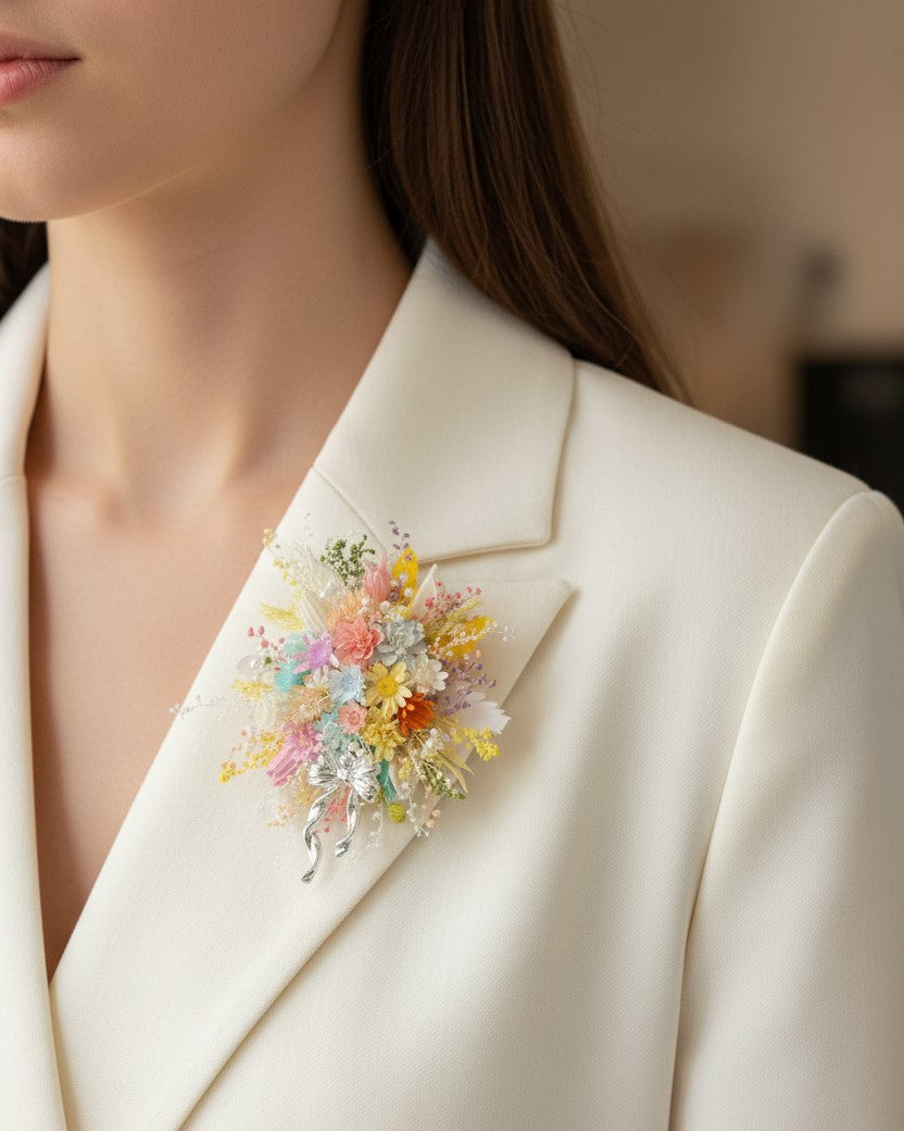 Handcrafted Preserved Flower Ring & Brooch | Rainbow Bloom Bouquet - Eco Perennial Pink Yellow White Brooch | Jewelry | Eco Perennial