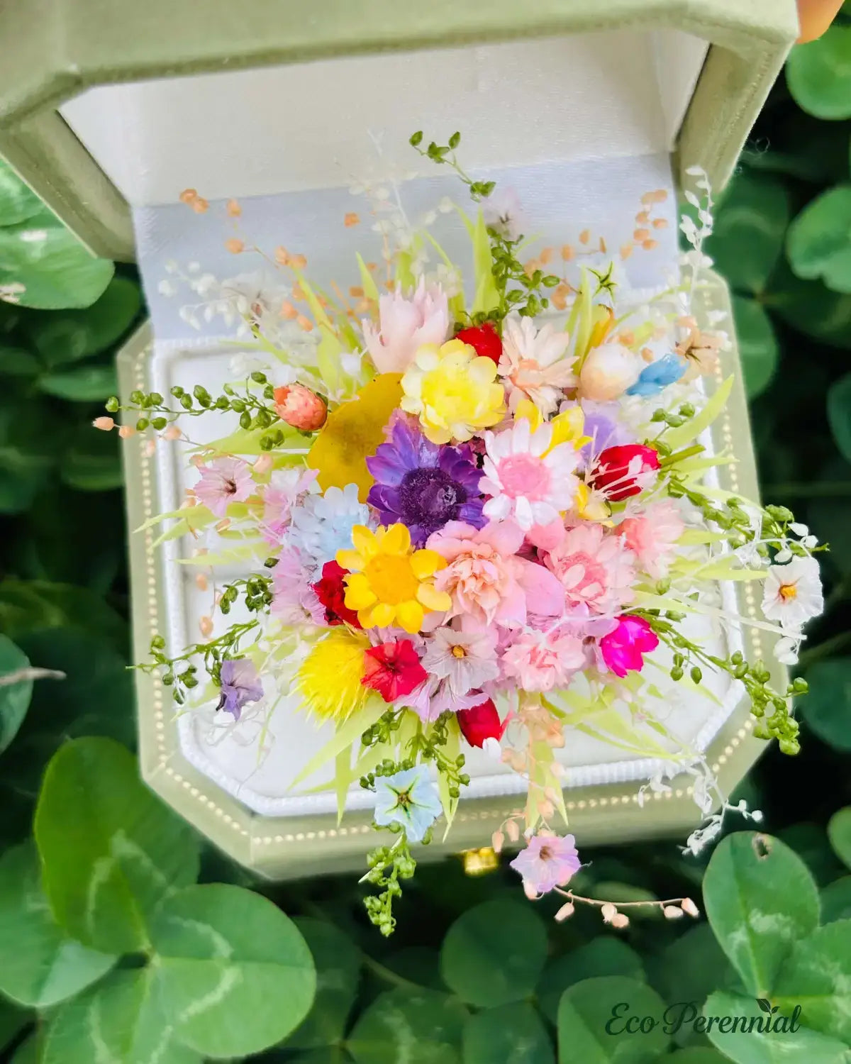 Preserved Flower Ring | Miniature Wildflower Bouquet | Eco Perennial - Pink/White/Green - Jewelry