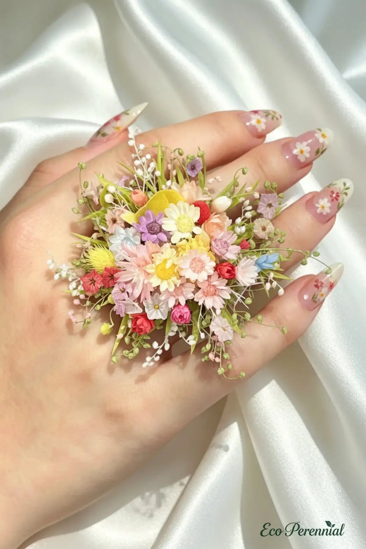 Hand with floral nail art holding a small bouquet of flowers against a white background